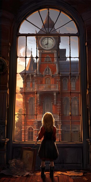 a woman looking out a window with a clock on the wall