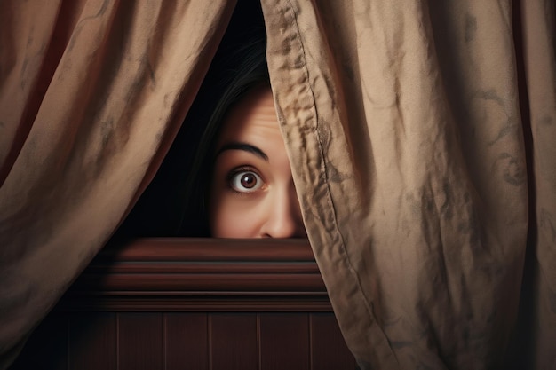 Foto una donna che guarda fuori da una finestra con una tenda sugli occhi