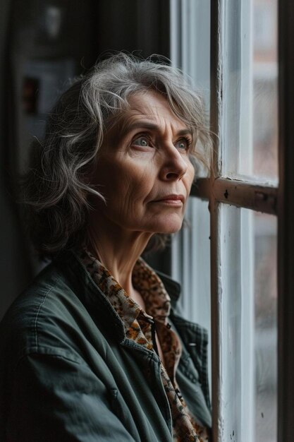 a woman looking out of a window with a leopard print scarf