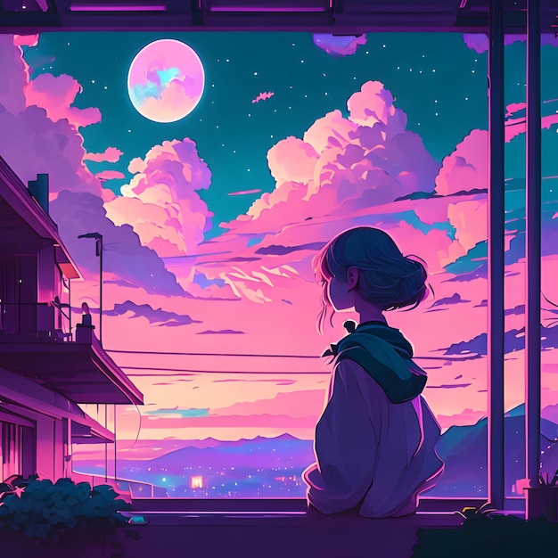 A woman looking out a window with a moon in the sky