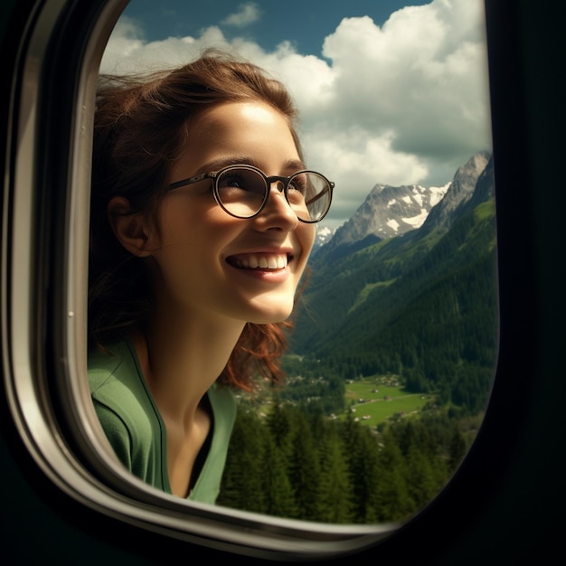 a woman looking out a window with a mountain in the background.