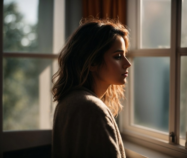 Premium AI Image | a woman looking out of a window with a window behind her