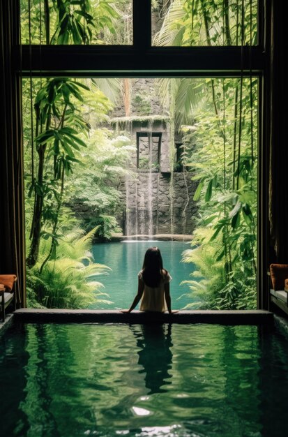 Photo woman looking out of the windows of a room to a pool