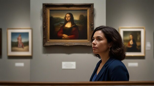 a woman looking at a painting that says she is looking at it