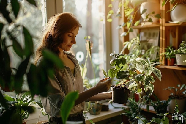 植物の鉢を持った植物を見ている女性