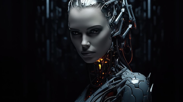 Woman looking robot portrait beautiful cyborg dark background AI generated