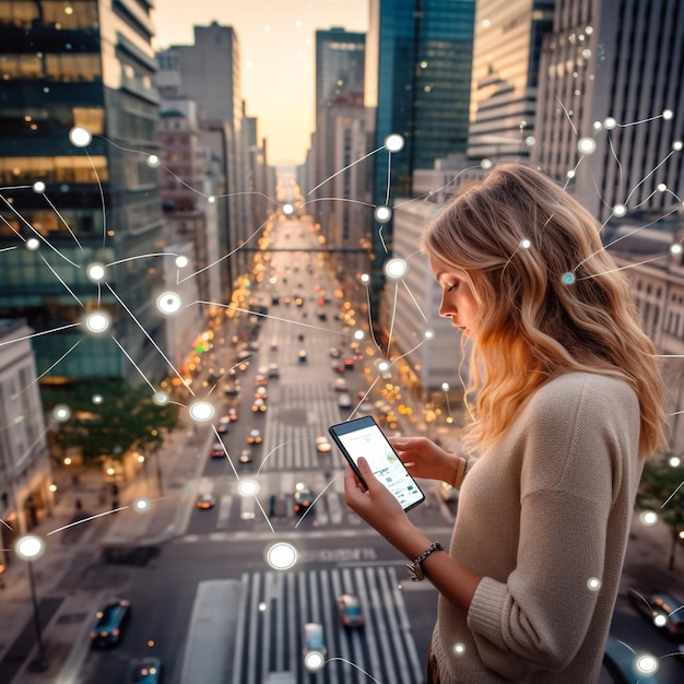 a woman looking at a smart phone in a city