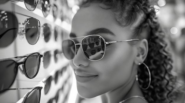 A woman looking at sunglasses in a store