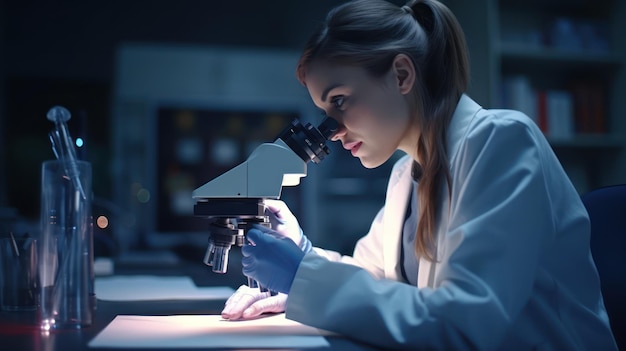 A woman looking through a microscope in a lab