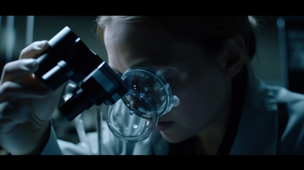 ガラスに女性の姿が映り込み、顕微鏡を覗いている女性。