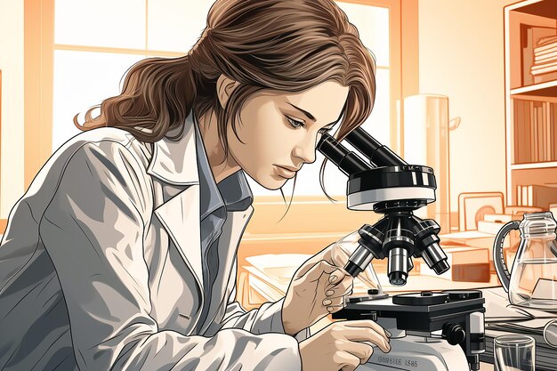 A woman looking through a microscope.