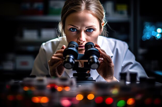 A woman looking through microscopes at a desk