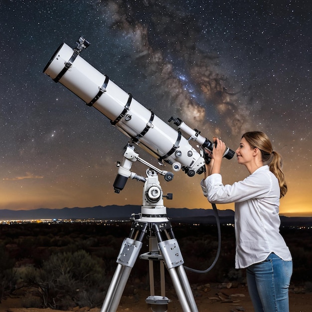 Foto una donna che guarda attraverso un telescopio di notte