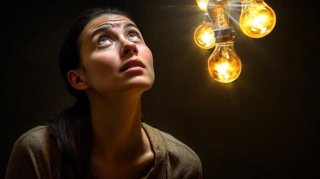 Photo woman looking up at a bulb new idea concept