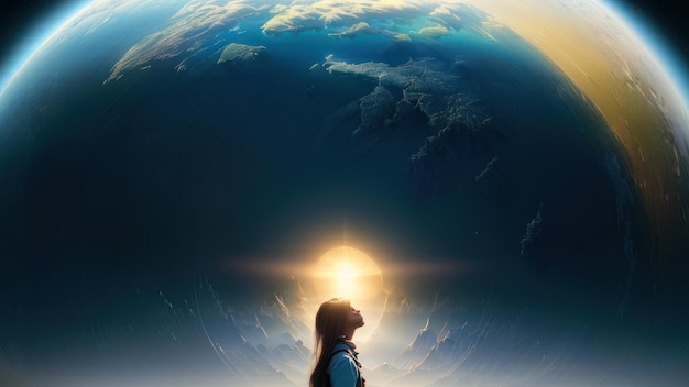 A woman looking up at the earth with the sun behind her