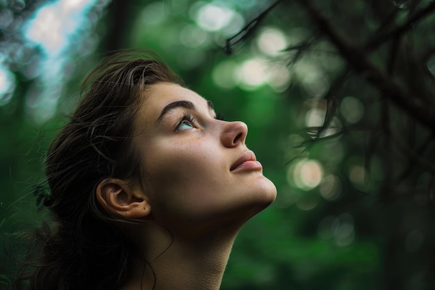 Woman Looking Up at the Sky in Forest