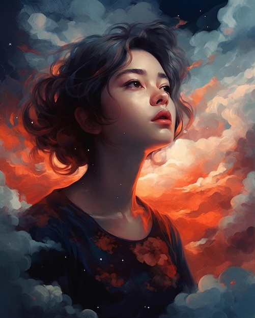 Женщина смотрит в небо в красной рубашке.
