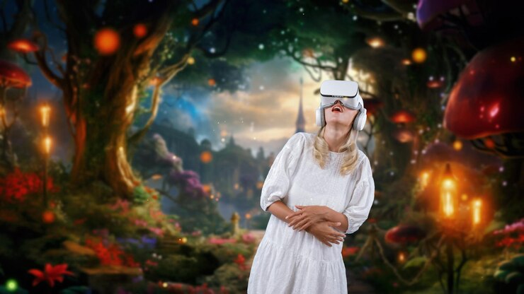 Photo woman looking vr surround fairytale forest at castle bokeh falling contraption