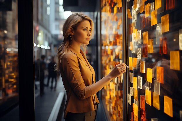 A woman looking at a wall of glasses