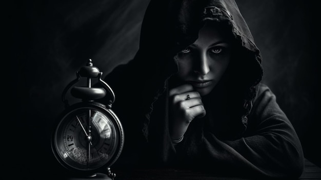 A woman looks at a clock