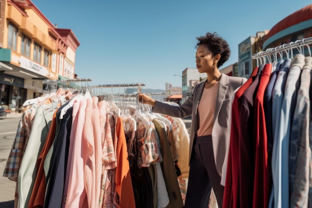 A woman looks at clothes on a rack.