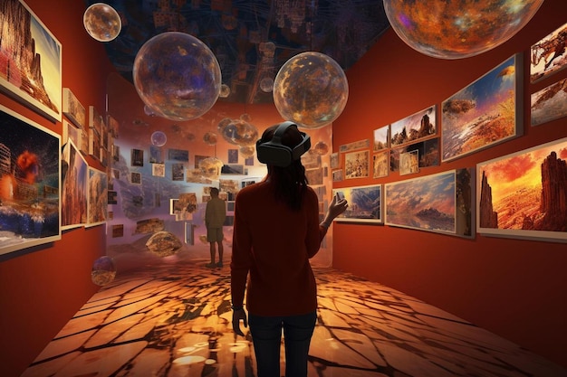 A woman looks at a giant bubble in a room with other art.