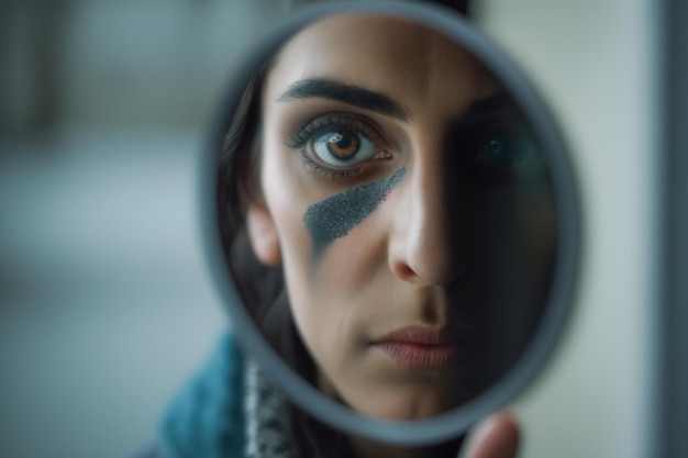 A woman looks at her face in a mirror.