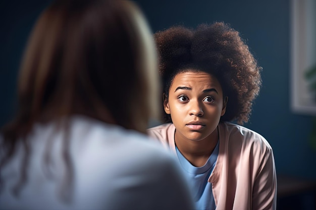 A woman looks at her friend's face while sitting in front of a blue background.