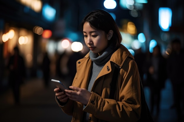A woman looks at her phone while standing in the street at night.