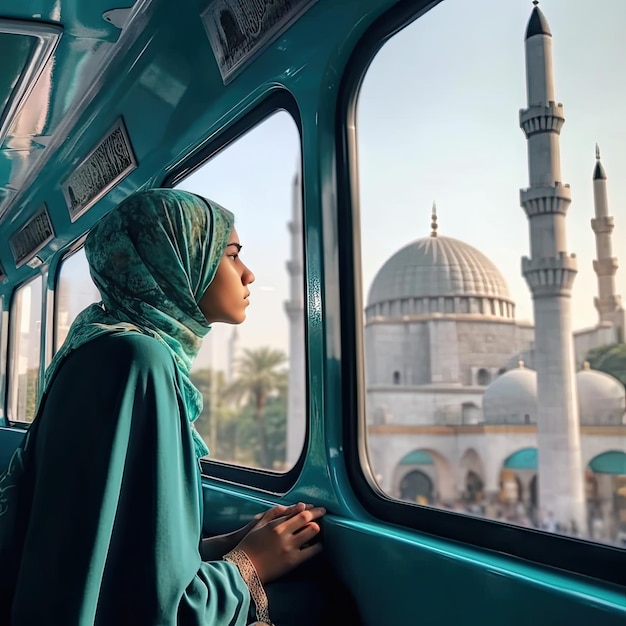 A woman looks out of a bus window at a mosque.