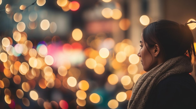 A woman looks out at a busy street with lights in the background