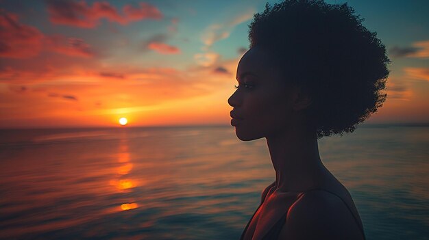 Photo a woman looks out over the ocean at sunset