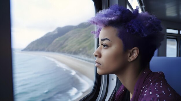 A woman looks out of a train window and looks out of a window.