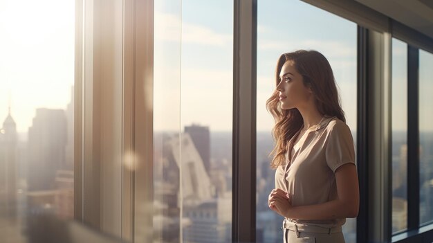 A woman looks out of a window at the city of london.