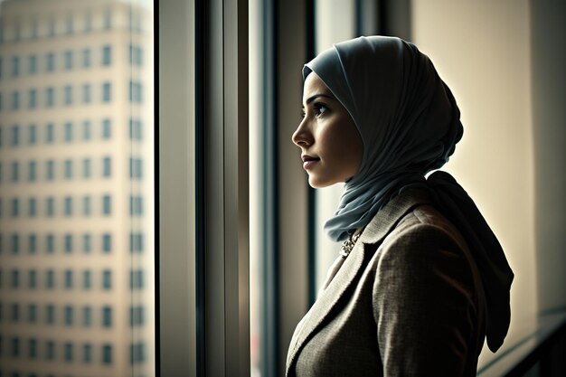 A woman looks out of a window at the city