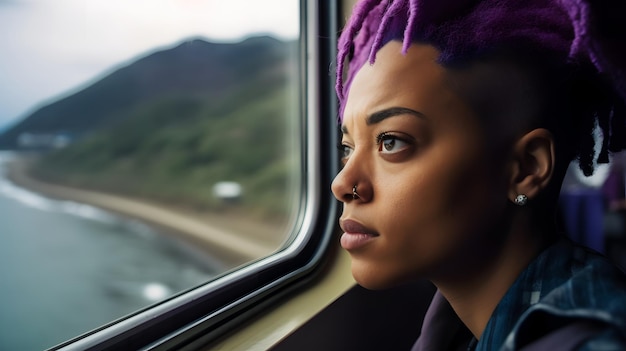 A woman looks out a window and looks out of a train window.