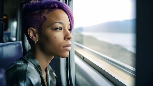 A woman looks out a window and looks out of a window.