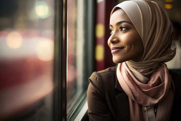 A woman looks out a window and looks out of a window