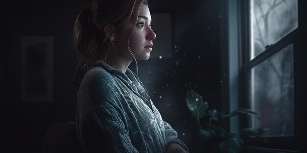 A woman looks out of a window at night