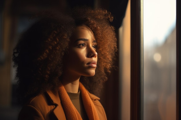 A woman looks out a window at night.