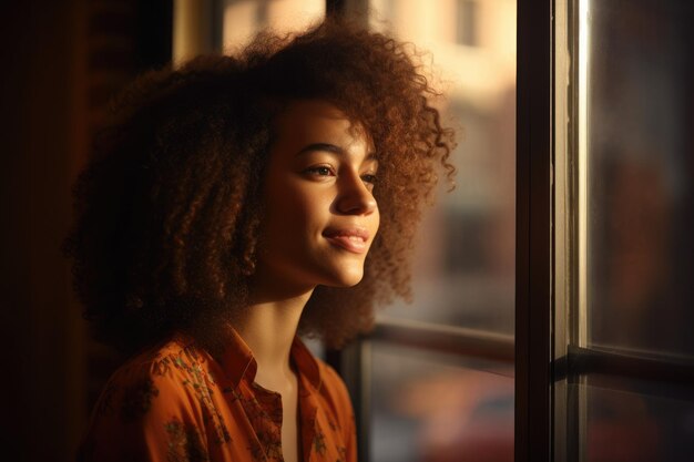 A woman looks out a window at sunset.