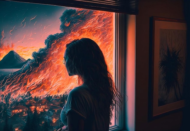 A woman looks out a window with a fire on the left side.