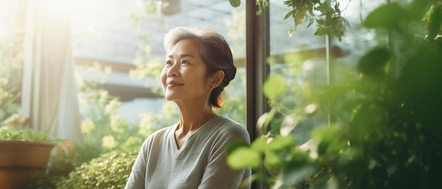 a woman looks out of a window with a plant in the background