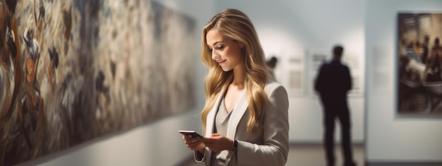 Woman looks at paintings in a gallery during an exhibition