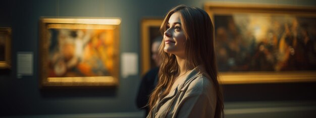 Woman looks at paintings in a gallery during an exhibition