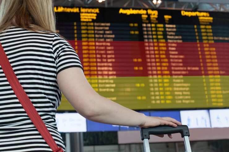 Photo 女性は空港のスコアボードを見て旅行または移住のためにベルリンを選択します
