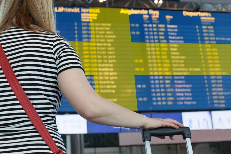 Photo 女性は空港のスコアボードを見て旅行や移住のために国を選択します