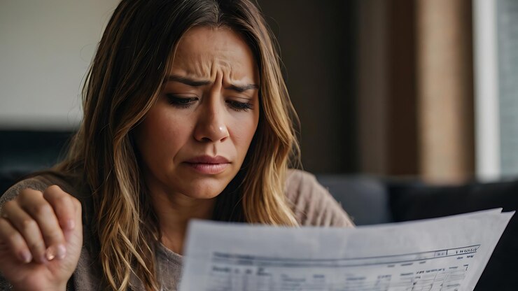 Photo a woman looks stressed while reviewing bills and financial documents