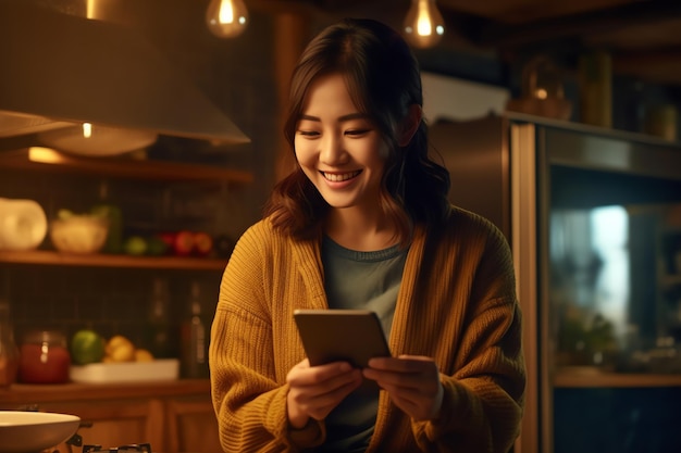 A woman looks at a tablet in a kitchen