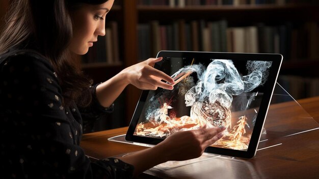 a woman looks at a tablet with a cigarette in her hand.